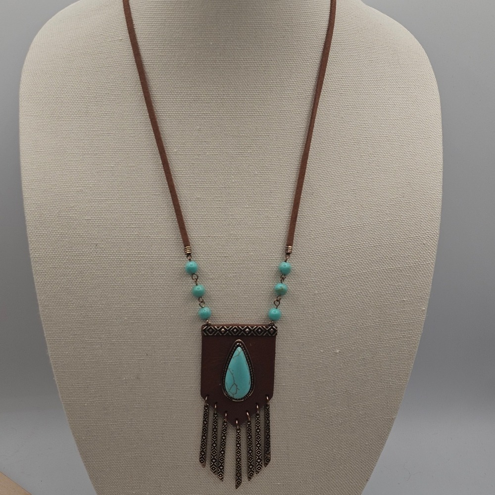 Brown Leather Blue Stone Pendant Necklace Metal Fringe Boho Tribal Southwest - Picture 12 of 13